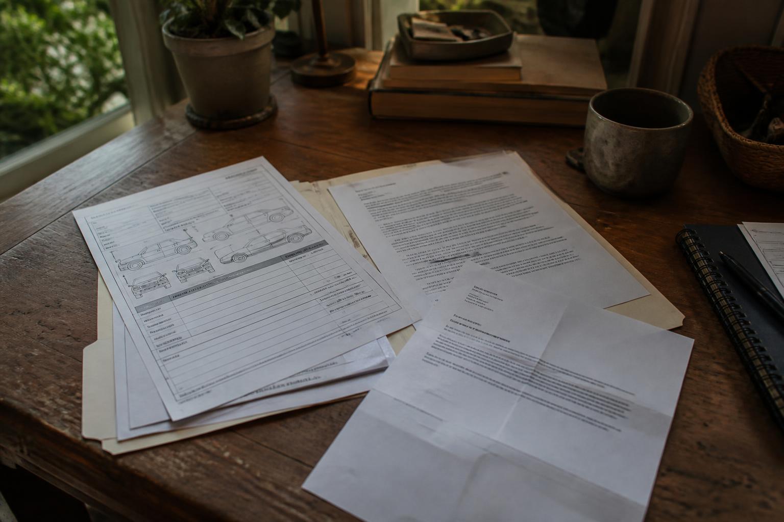 Printed documents, folders, a notebook, and mug sit on a wooden desk