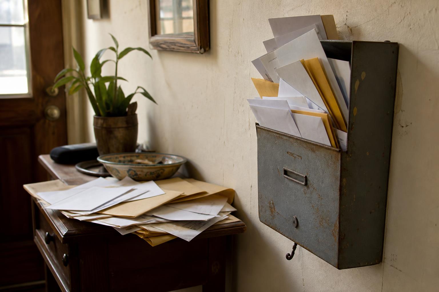 Envelopes fill a wall mailbox beside papers on a hallway table