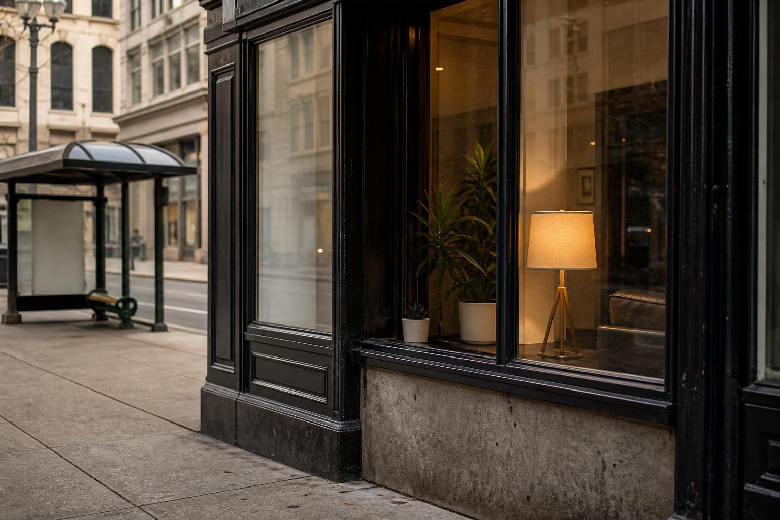 A storefront window shows potted plants and a lit lamp on a sidewalk