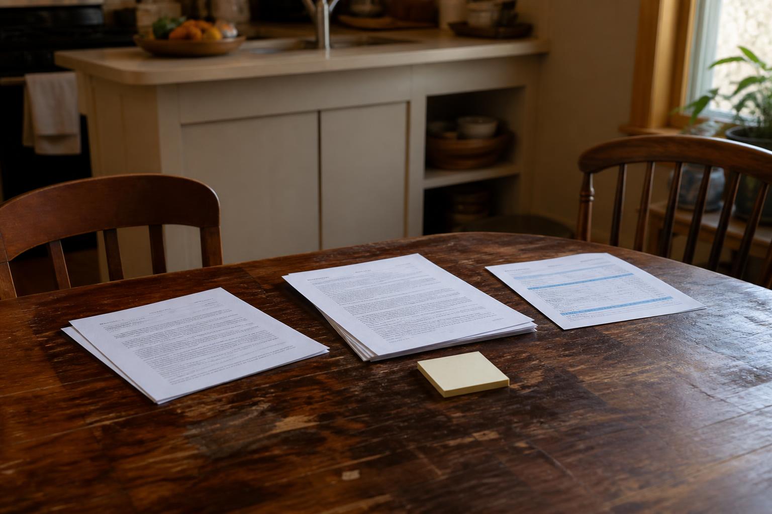 Three stacks of printed documents and a sticky note pad on a wooden kitchen table