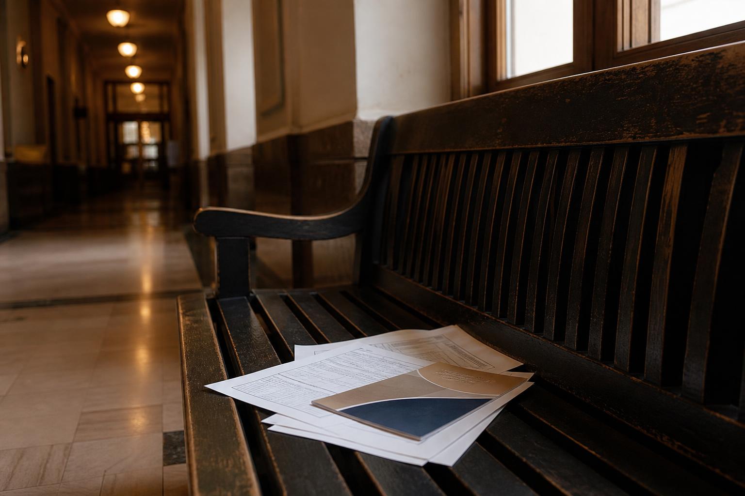 Printed papers and envelopes resting on a dark wooden bench in a building hallway
