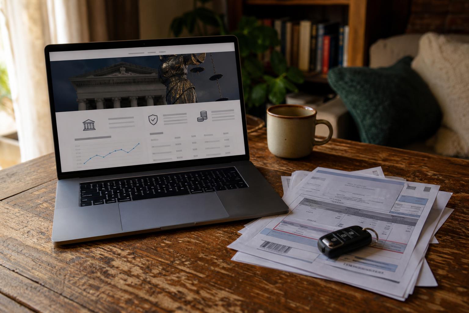 Laptop displaying a legal website beside printed bills, car keys, and a coffee mug on a wooden table
