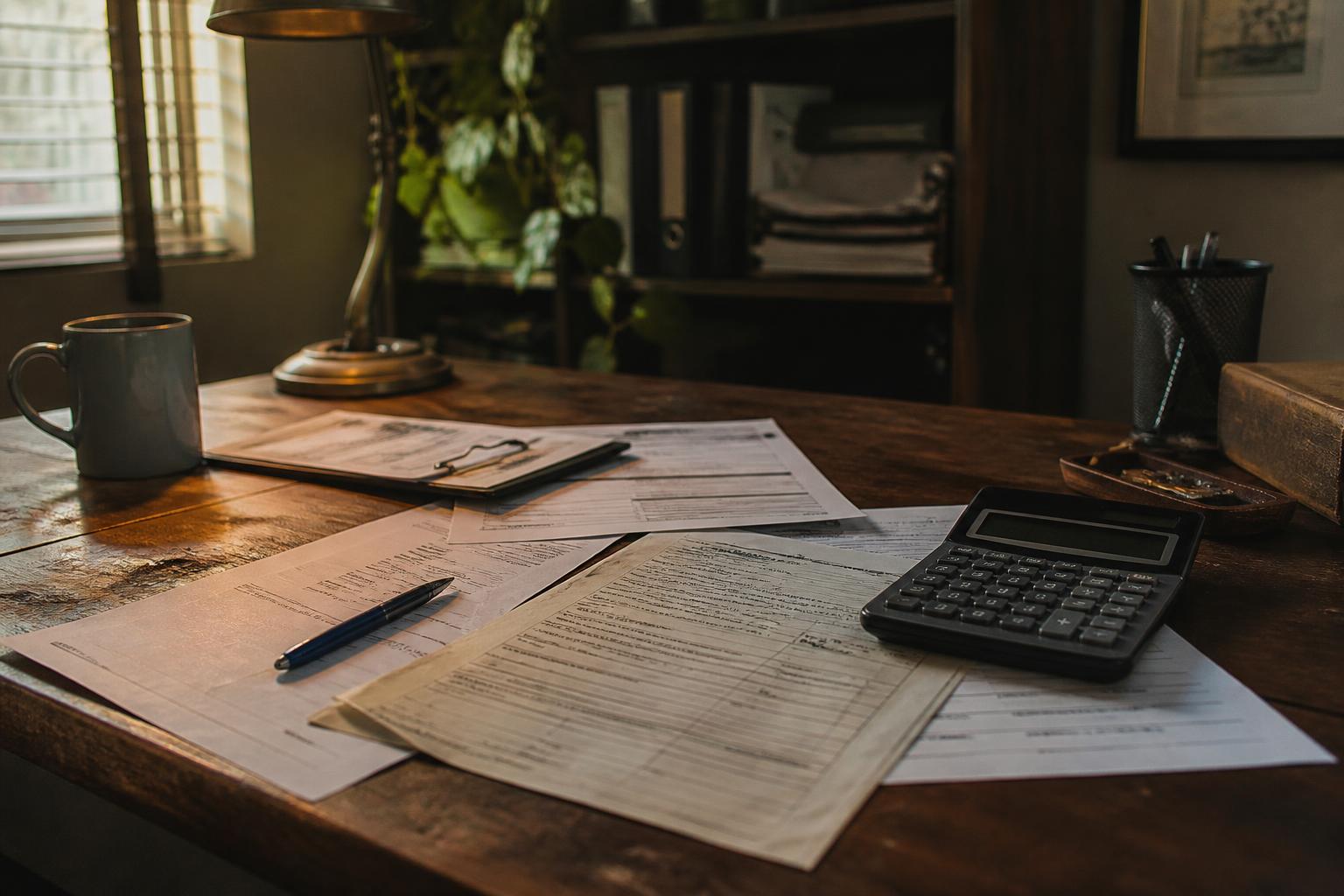 Printed forms, a pen, a calculator, and a coffee mug on a wooden desk near a window