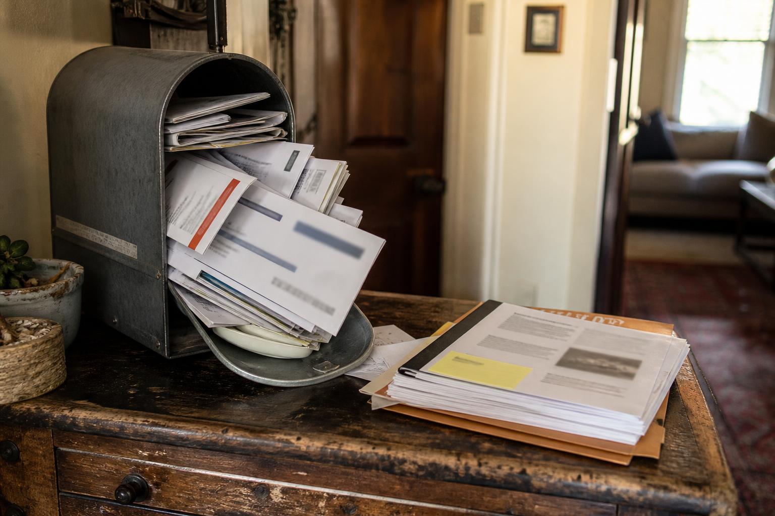 A metal mailbox stuffed with envelopes and a stack of documents on a wooden entryway table