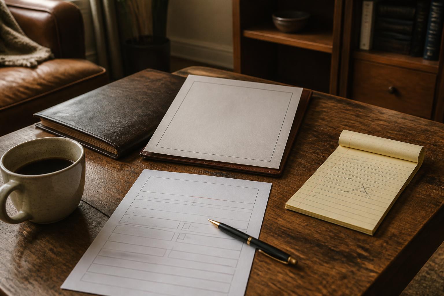 A leather portfolio, a wireframe sketch, a pen, a yellow notepad, and coffee on a wooden table