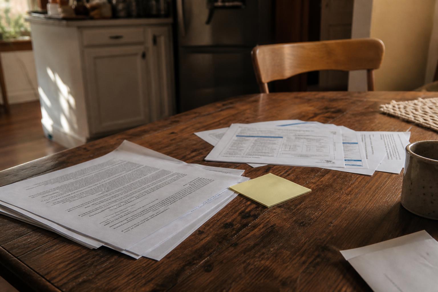 Scattered printed documents, a sticky note, and a ceramic mug on a rustic wooden kitchen table