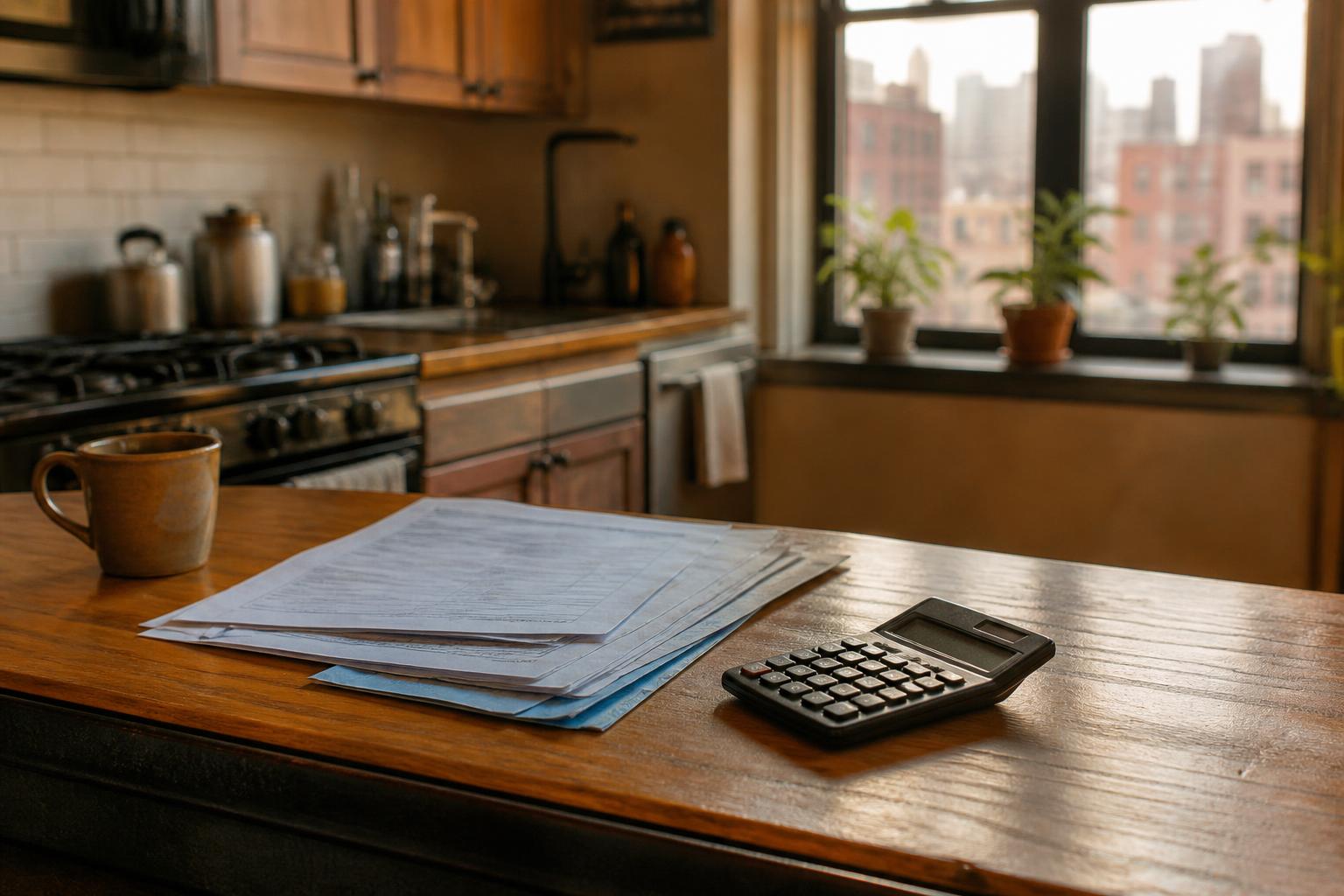 Kitchen table holds papers, a calculator, and a mug near a window