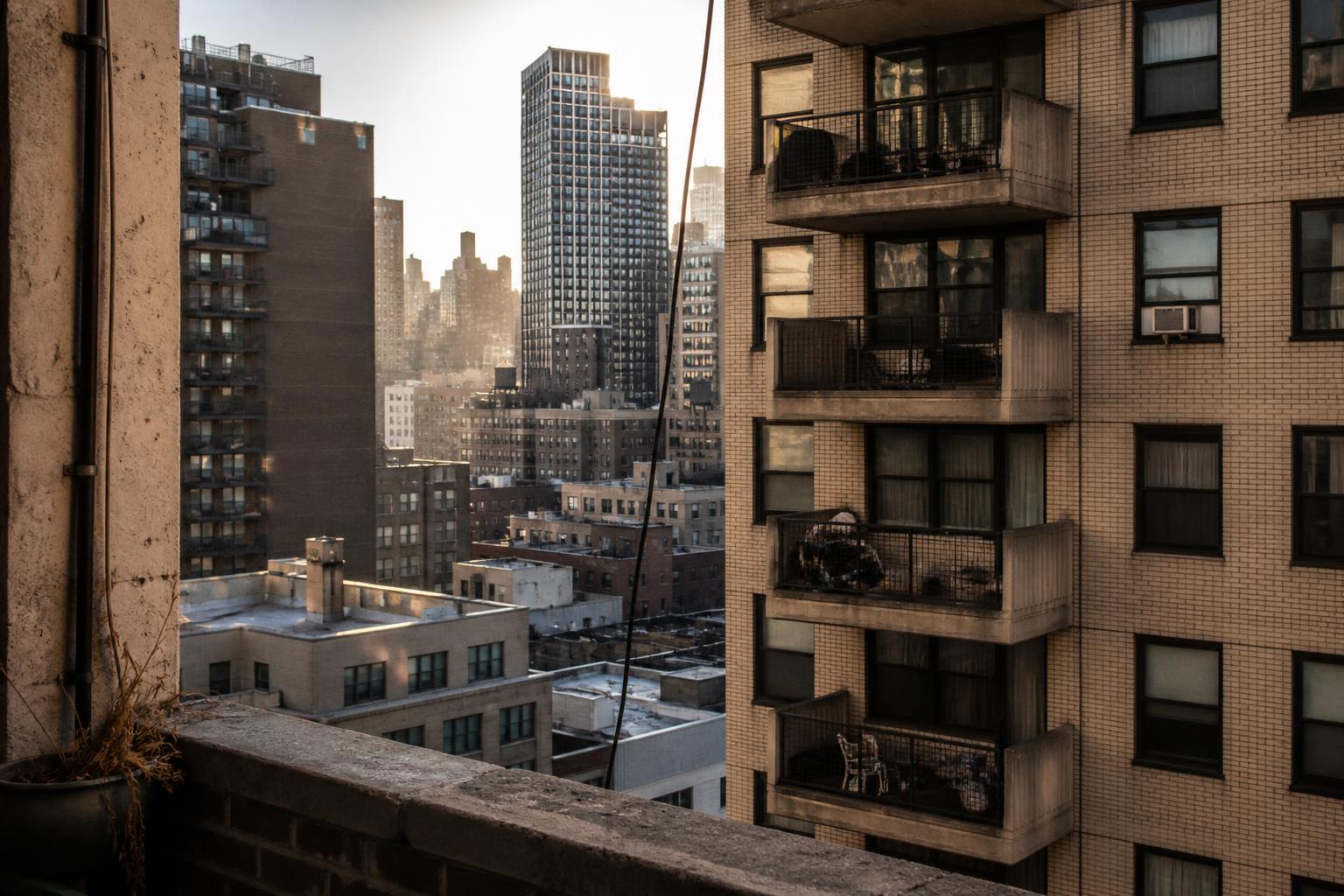 Apartment buildings with balconies and windows are seen from an elevated outdoor view