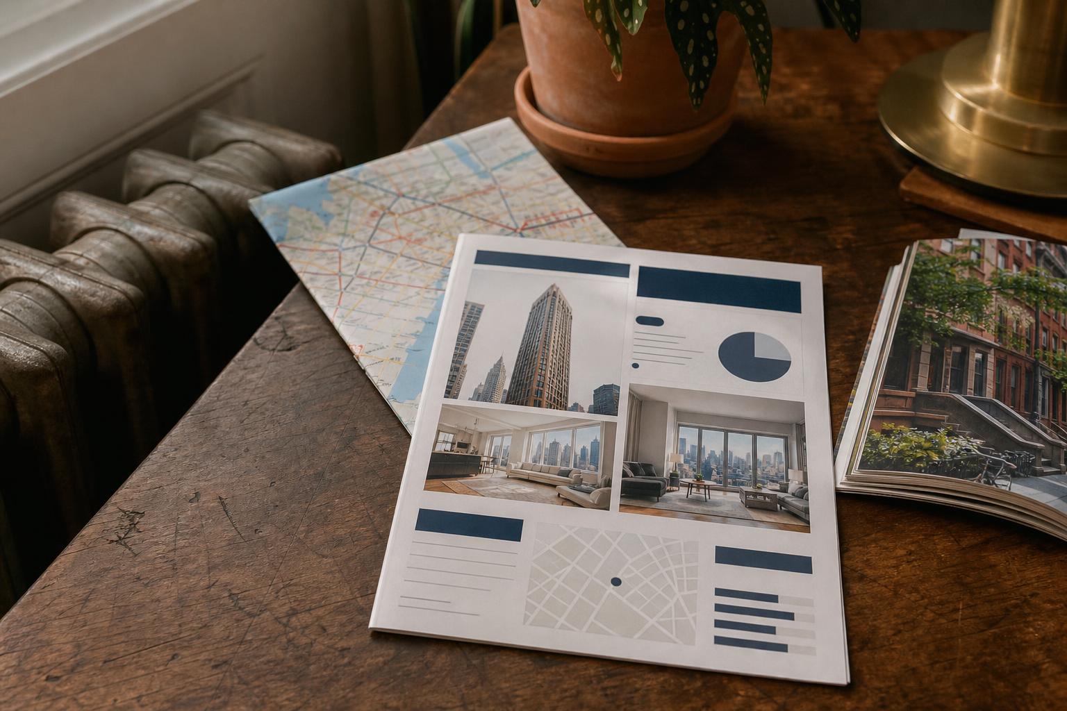 Wooden table holds printed real estate pages, a map, a plant, and magazines