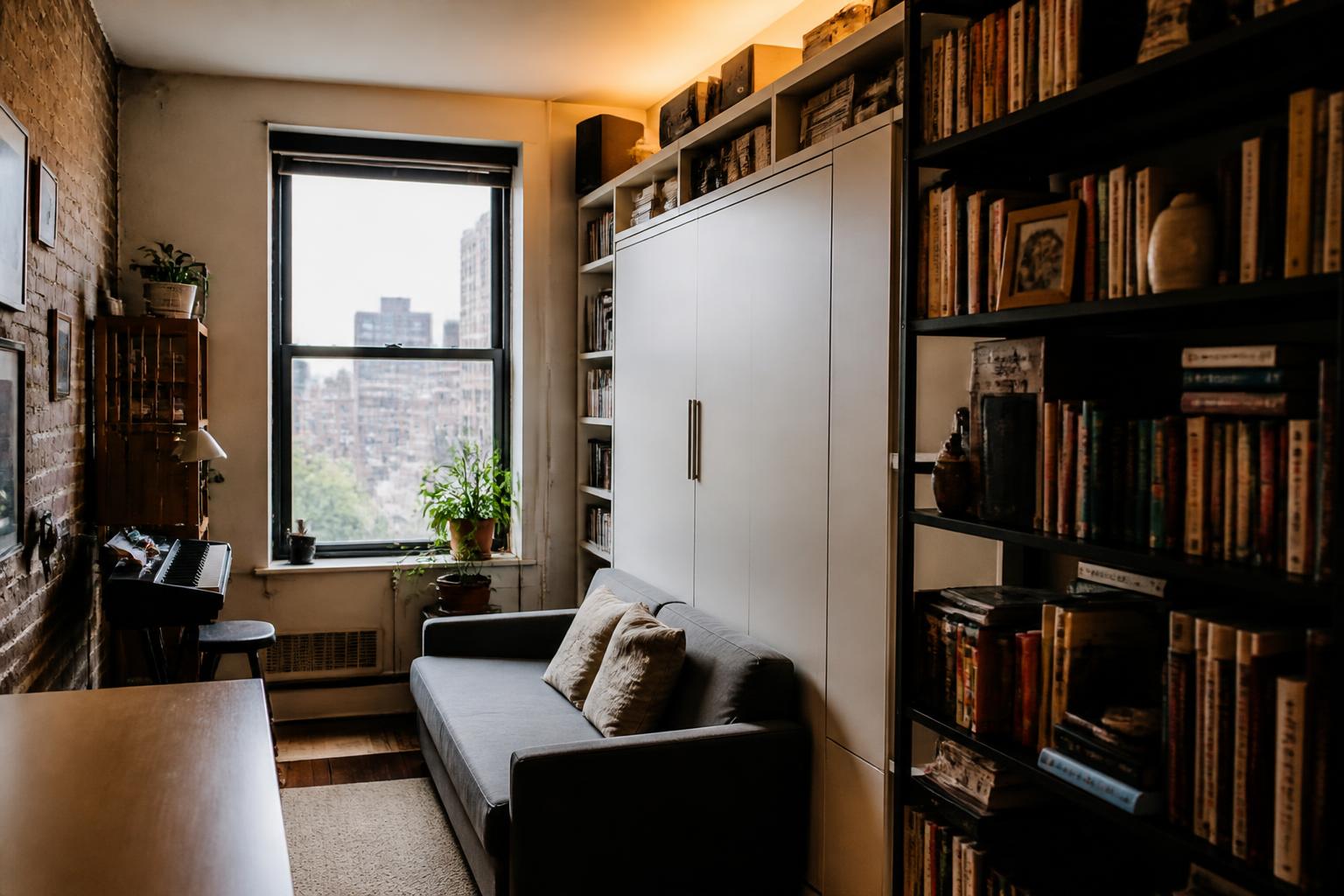 Small living room contains a sofa, bookshelves, cabinets, plants, and a window