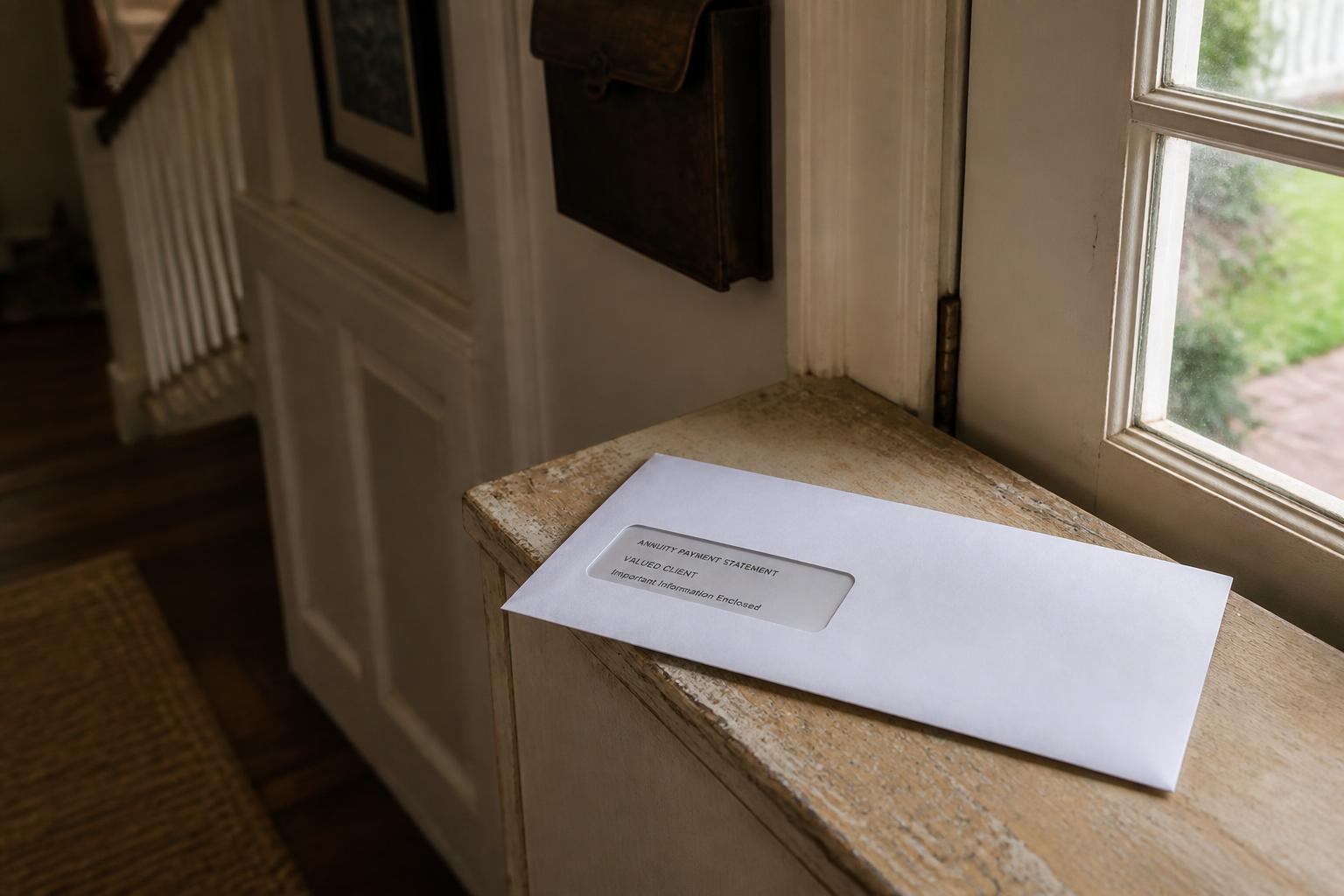 A white envelope rests on a worn cabinet beside a window and door