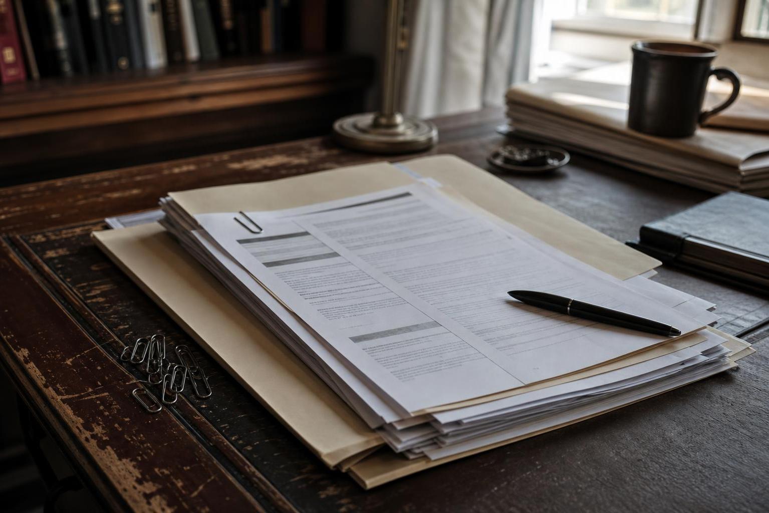 Documents, paper clips, a pen, and a mug sit on a wooden desk