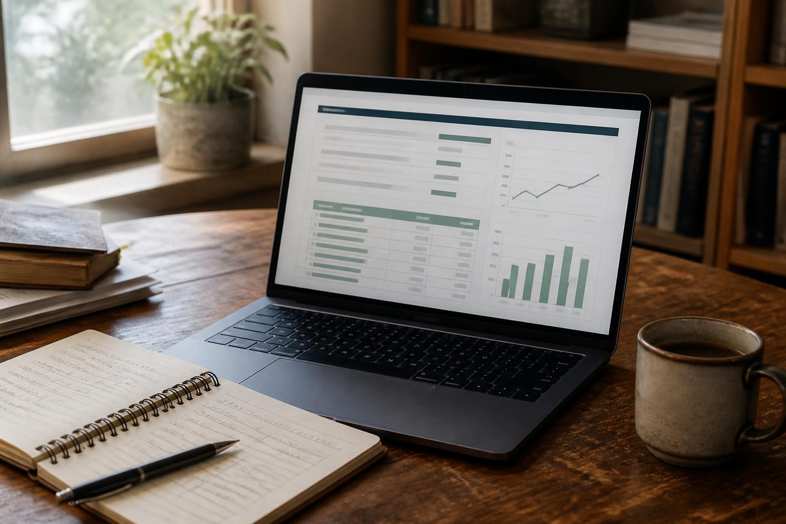 A laptop displays charts beside a notebook, pen, mug, books, and plant