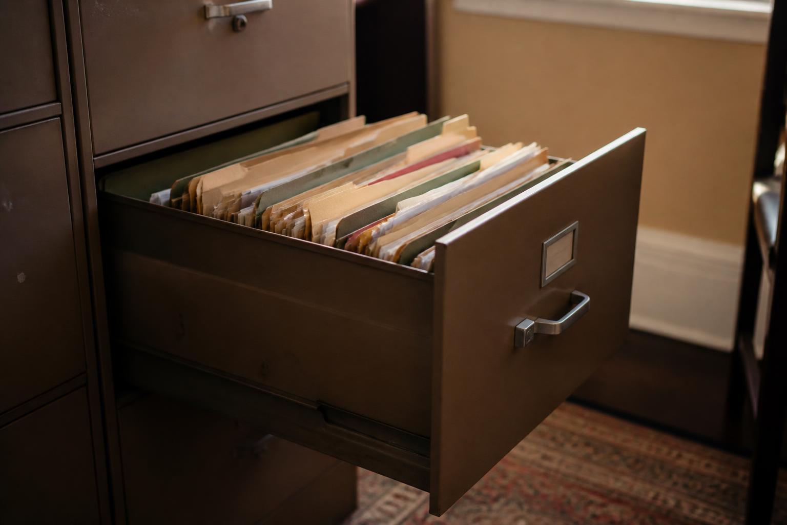 An open file cabinet drawer contains hanging folders in a room