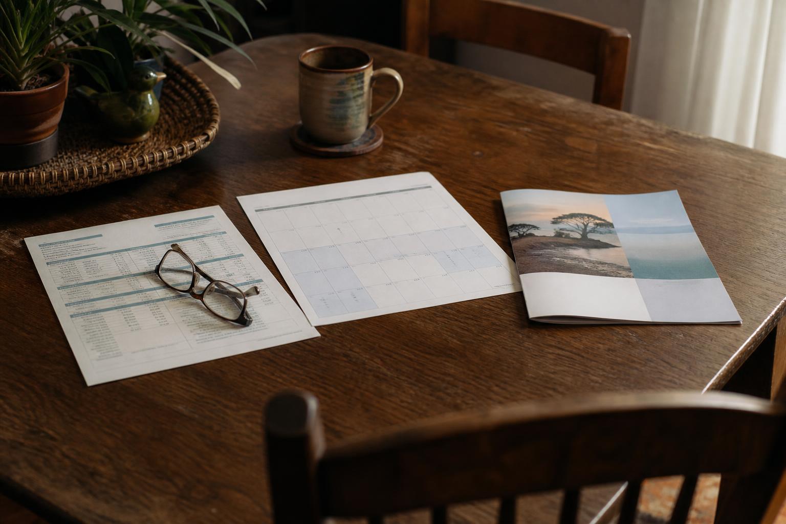 Printed papers, glasses, a calendar, brochure, mug, and plants sit on a table
