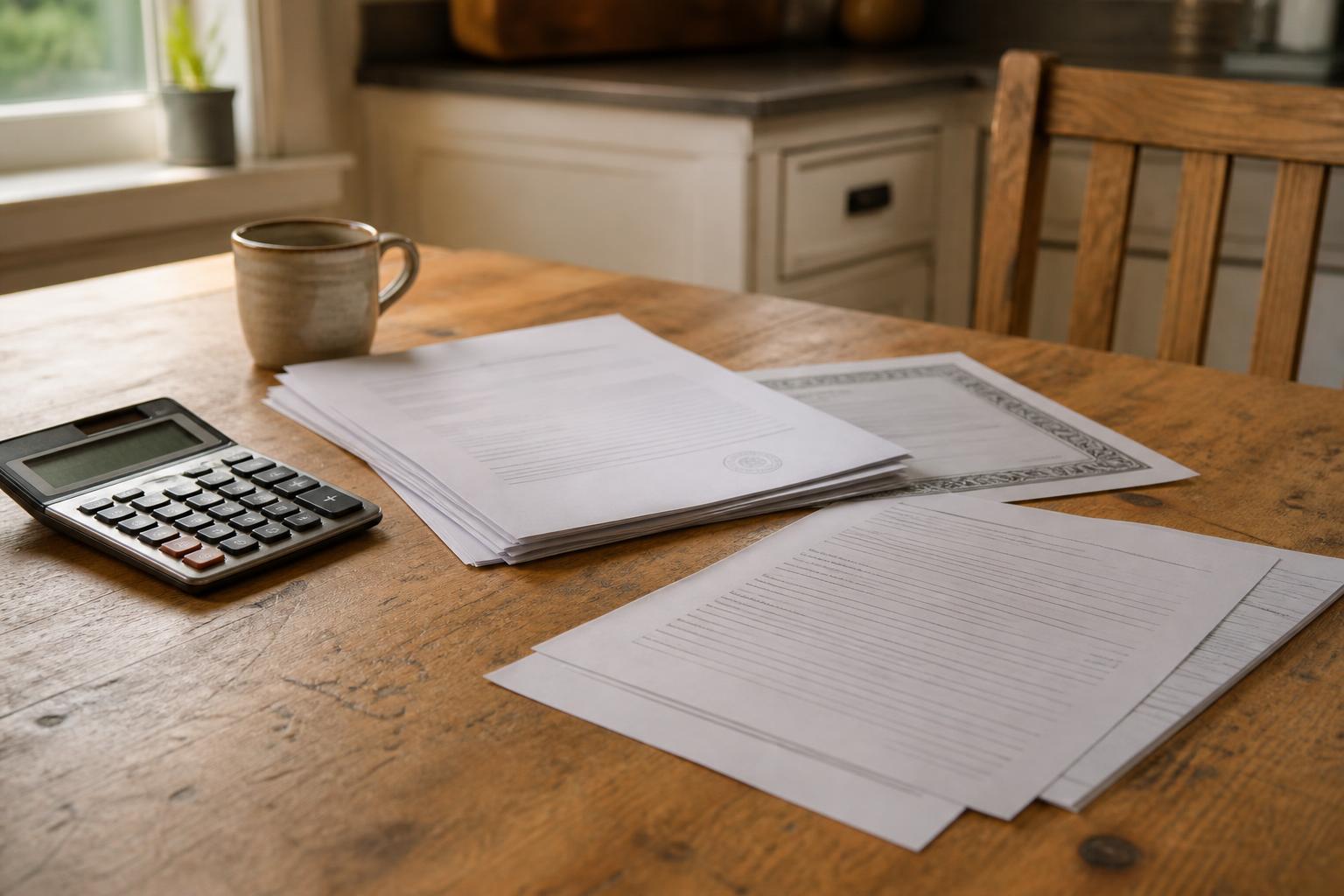 A calculator, mug, and papers sit on a wooden kitchen table