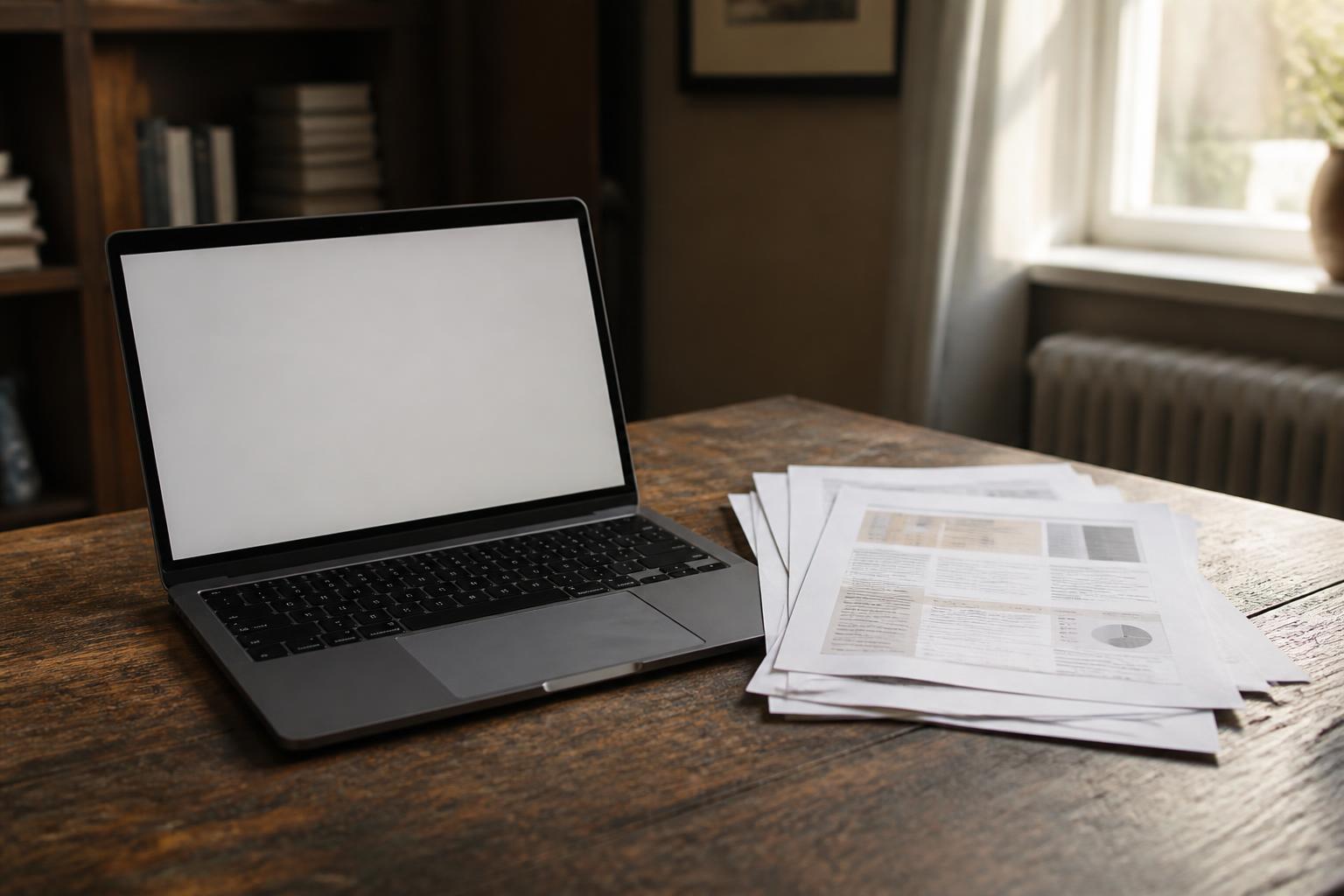 A laptop and stacked papers sit on a wooden table near a window