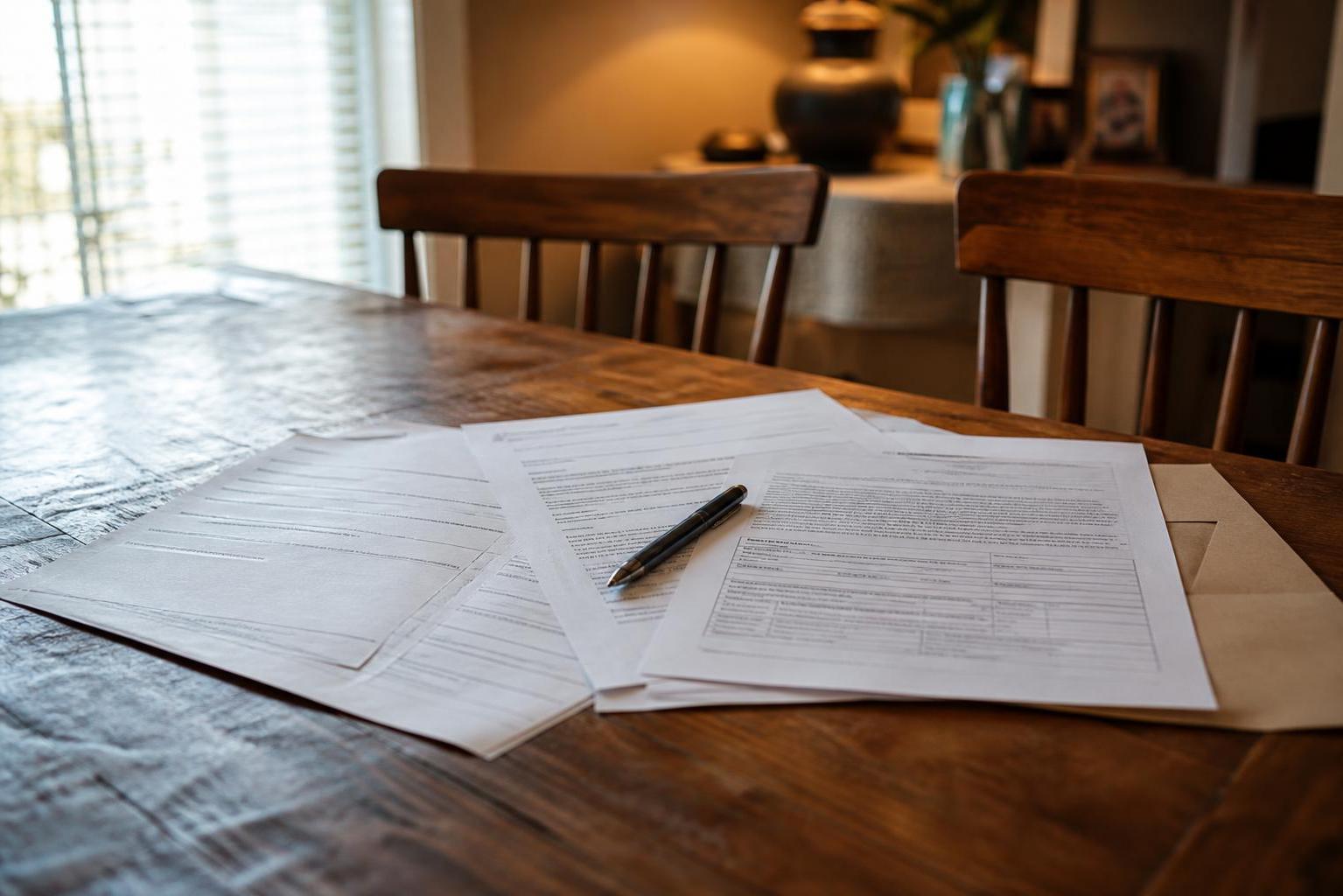 Loose papers and a pen lie on a wooden dining table