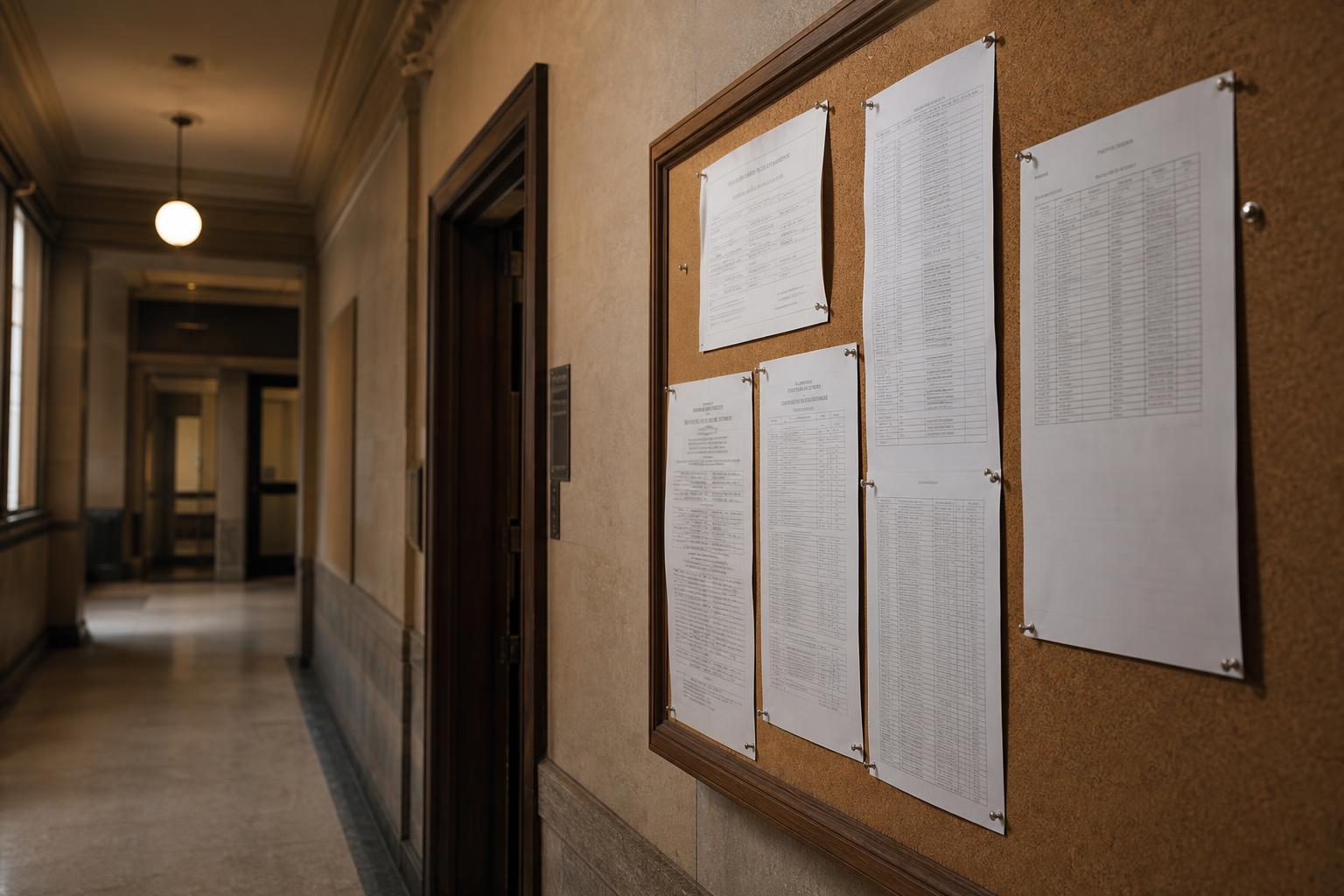 Printed notices are pinned to a cork board in a hallway
