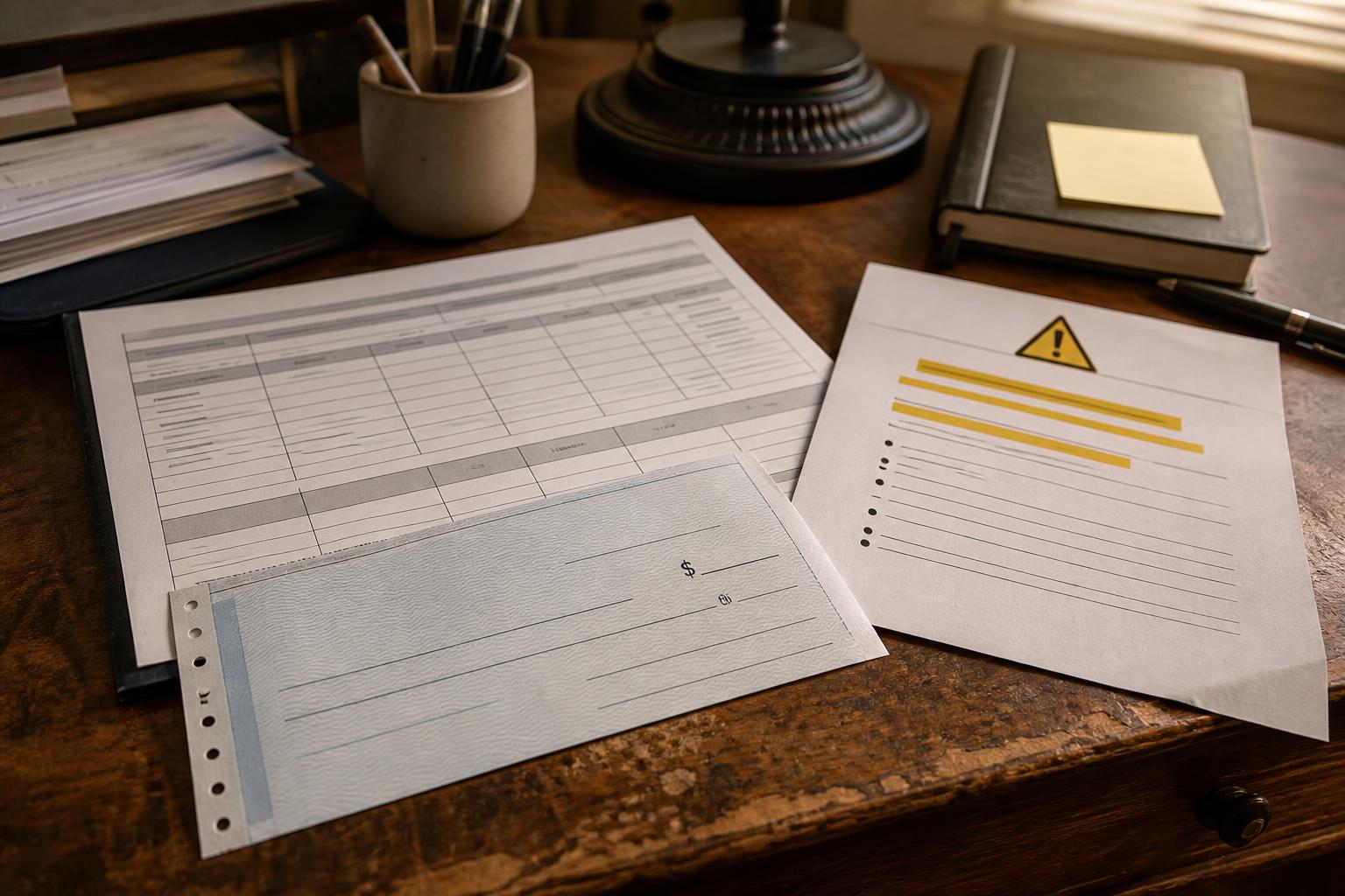 Forms, a check, pens, and a notebook sit on a wooden desk