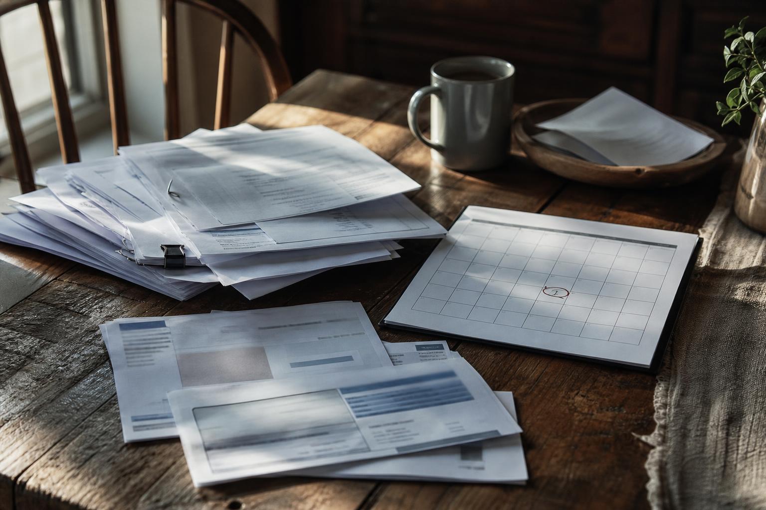 Stacked papers, a calendar with a circled date, a mug, and a plant on a wooden table