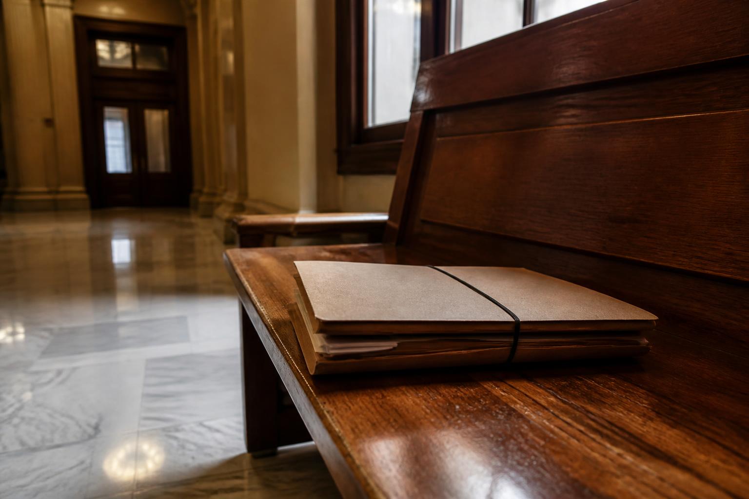 A brown folder bound with an elastic band rests on a wooden bench in a marble-floored hallway