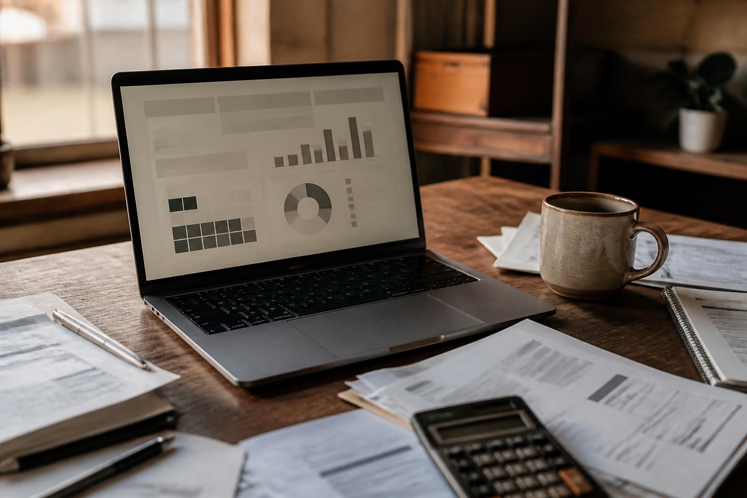 A laptop displaying bar and pie charts sits on a wooden desk with papers, a calculator, and a mug