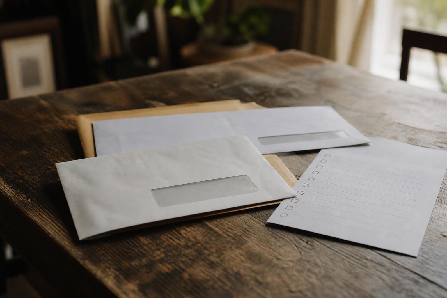 Window envelopes and a checklist sheet laid out on a dark rustic wooden table