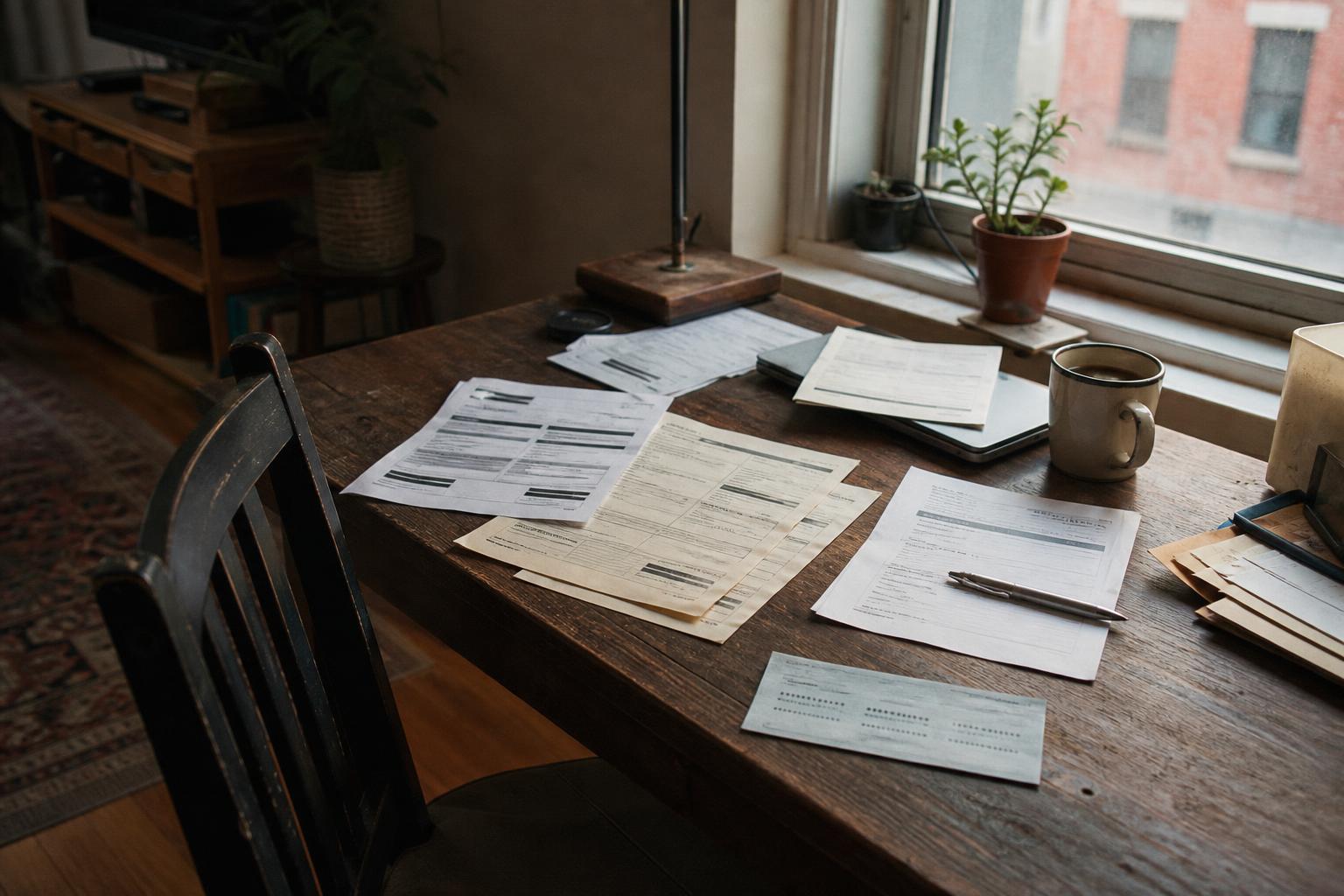Scattered forms, a pen, a coffee mug, and a potted plant on a wooden desk near a window