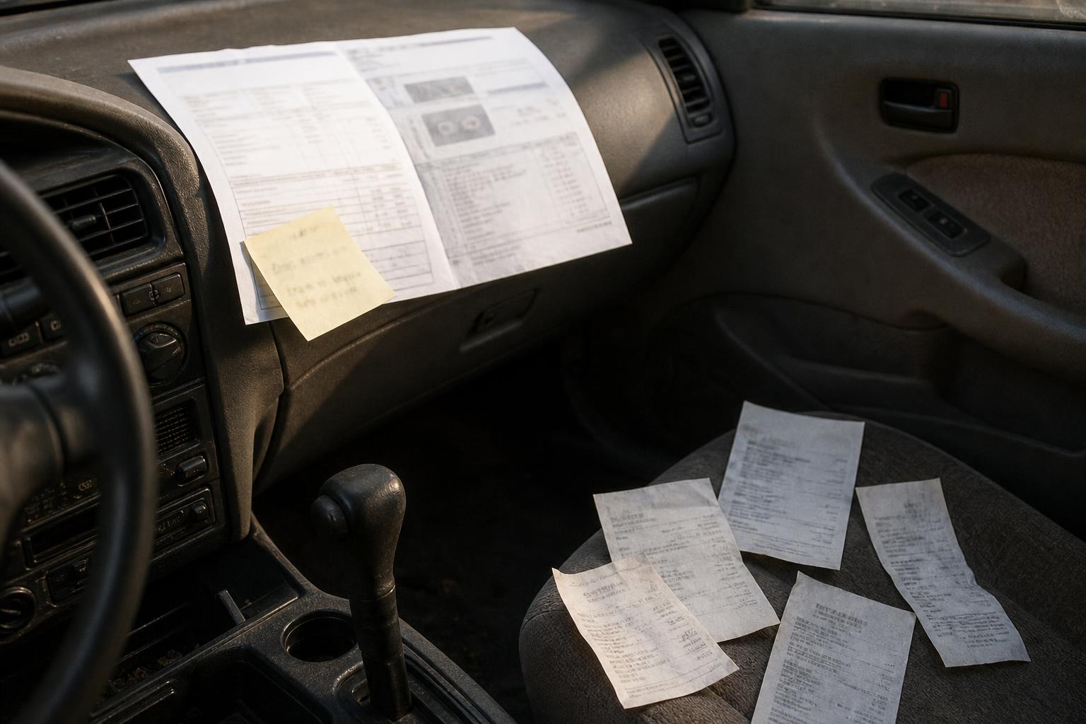 Printed documents, a sticky note, and crumpled receipts on a car dashboard and passenger seat