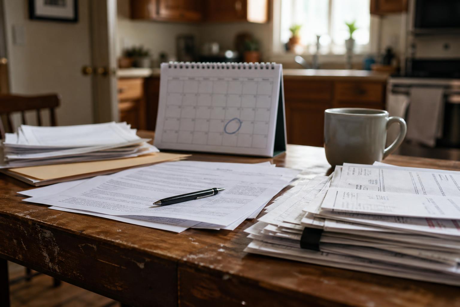 Papers, a pen, a desk calendar with a circled date, and a white mug on a kitchen table