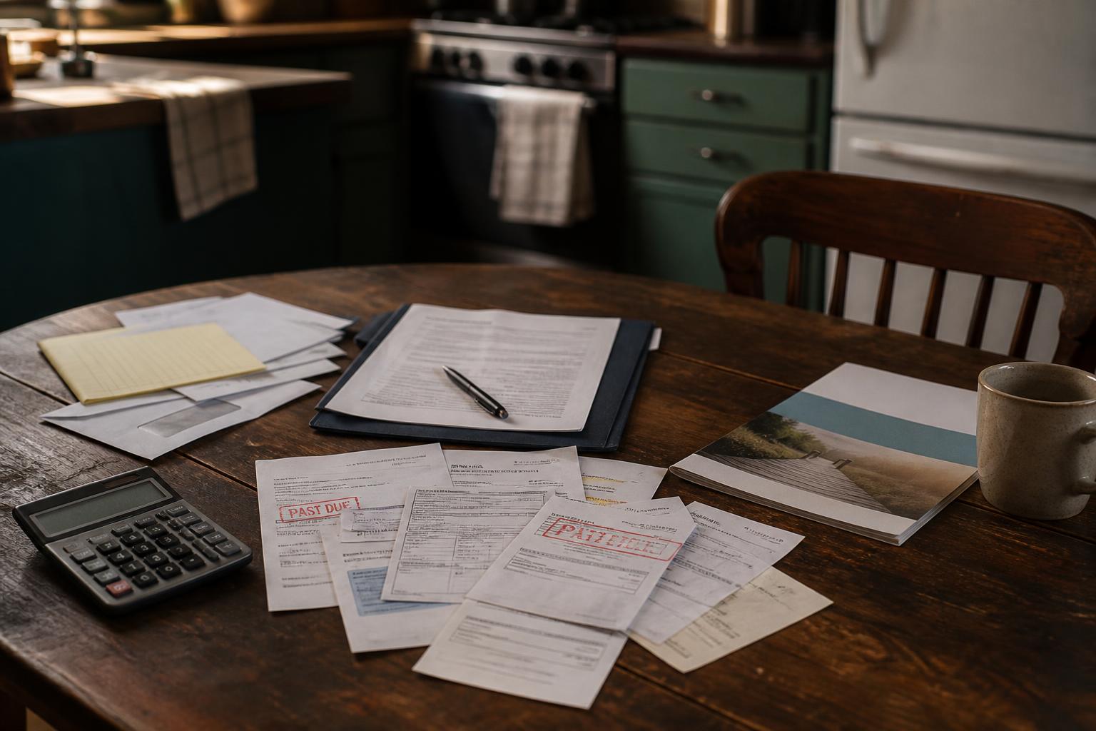 Papers, calculator, folder, notebook, and mug sit on a wooden kitchen table