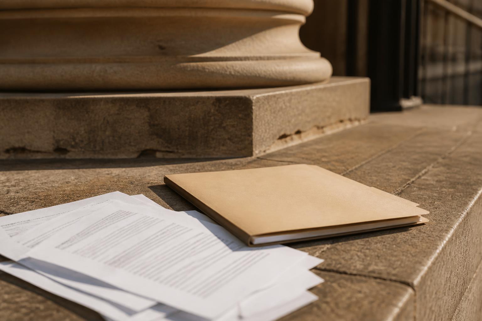 Documents and a tan folder rest on a stone step near columns