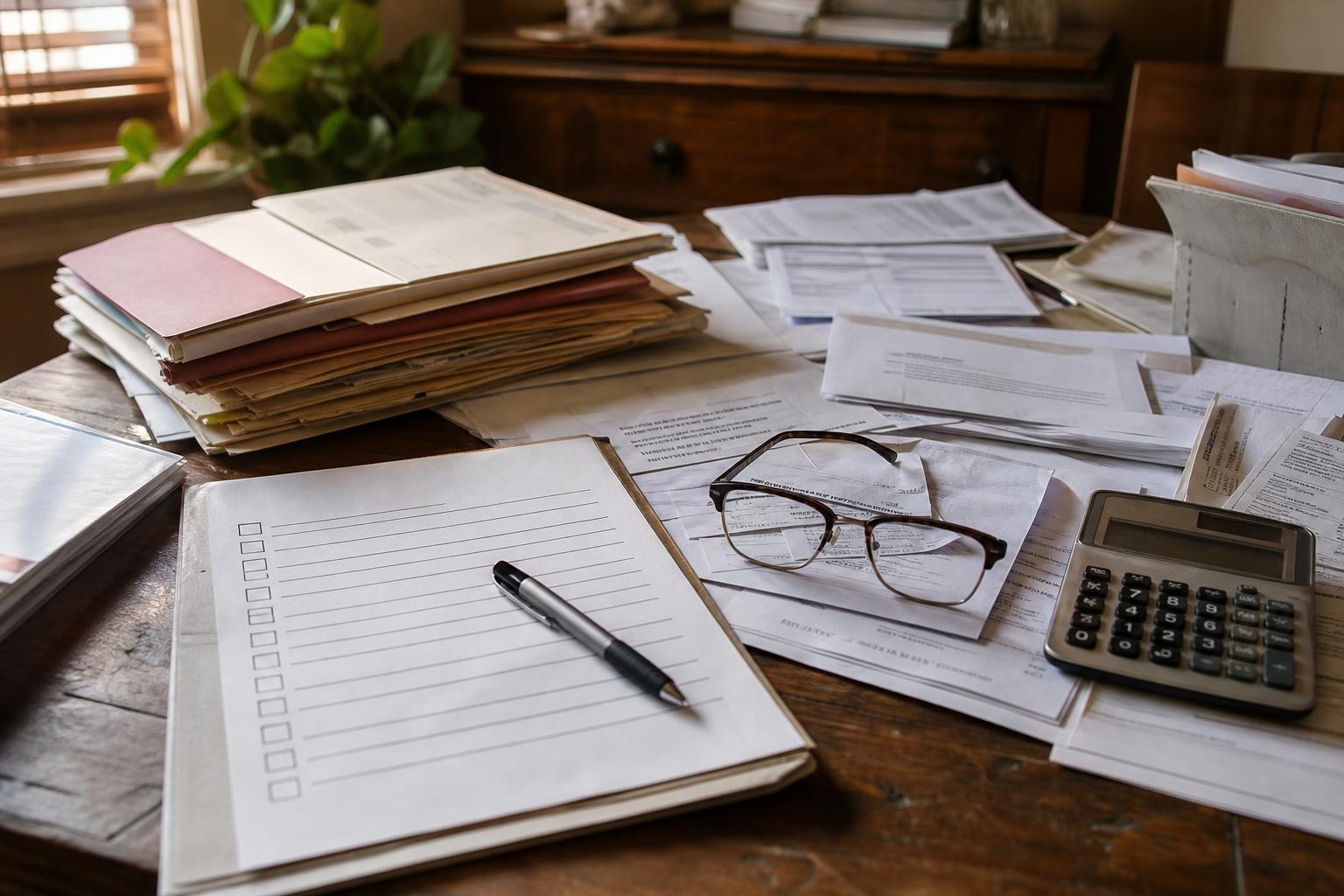 Stacks of papers, glasses, pen, and calculator cover a wooden desk