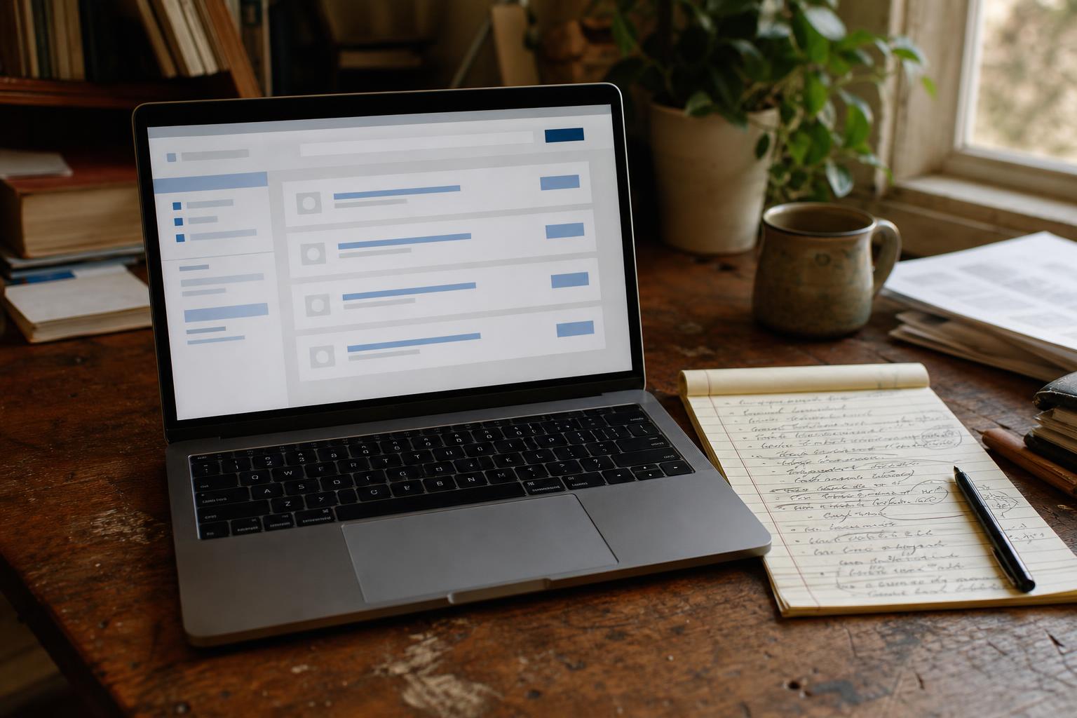 A laptop, notepad, pen, mug, and plant sit on a wooden desk
