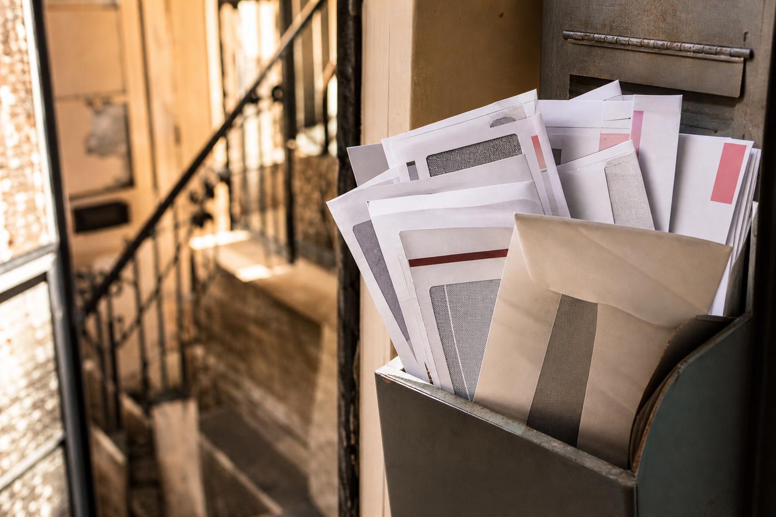 Envelopes and papers protrude from a metal mailbox in an apartment hallway