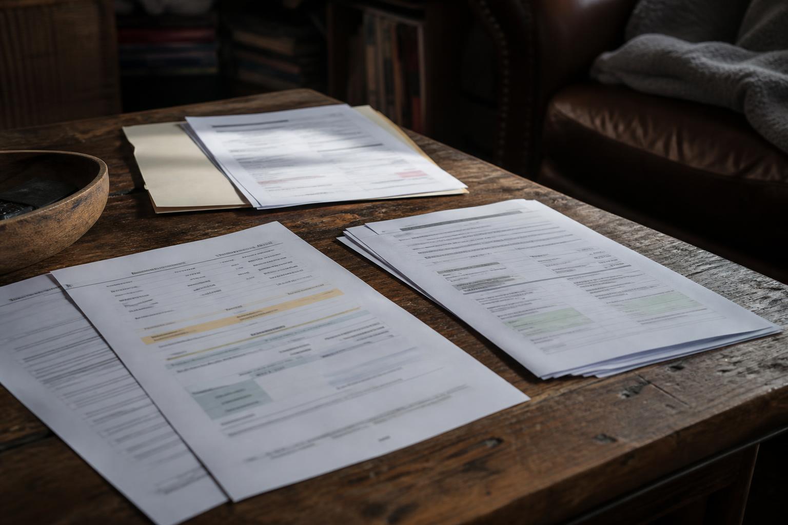 Printed forms and folders lie on a wooden table beside a leather chair