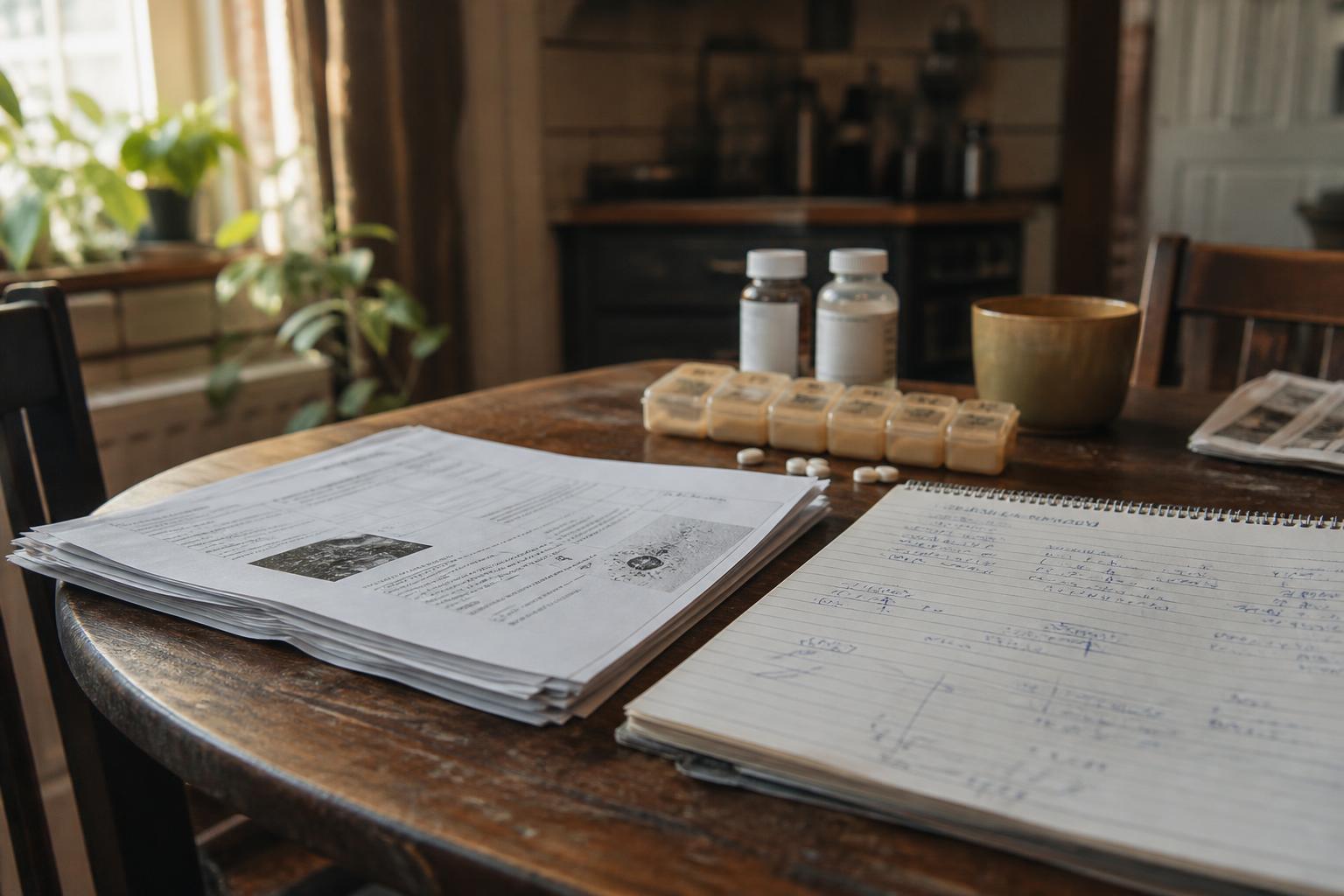 Medical papers, notebook, pill organizer, bottles, tablets, and mug sit on a wooden table