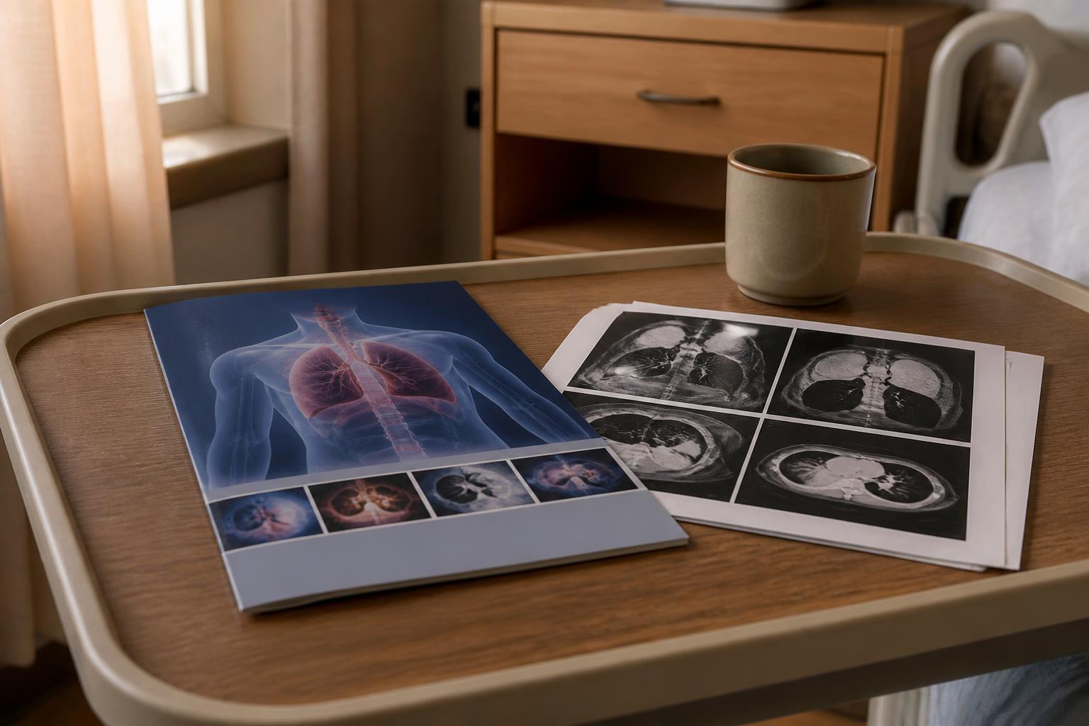 Lung illustrations, scan printouts, and a mug sit on a hospital bedside table