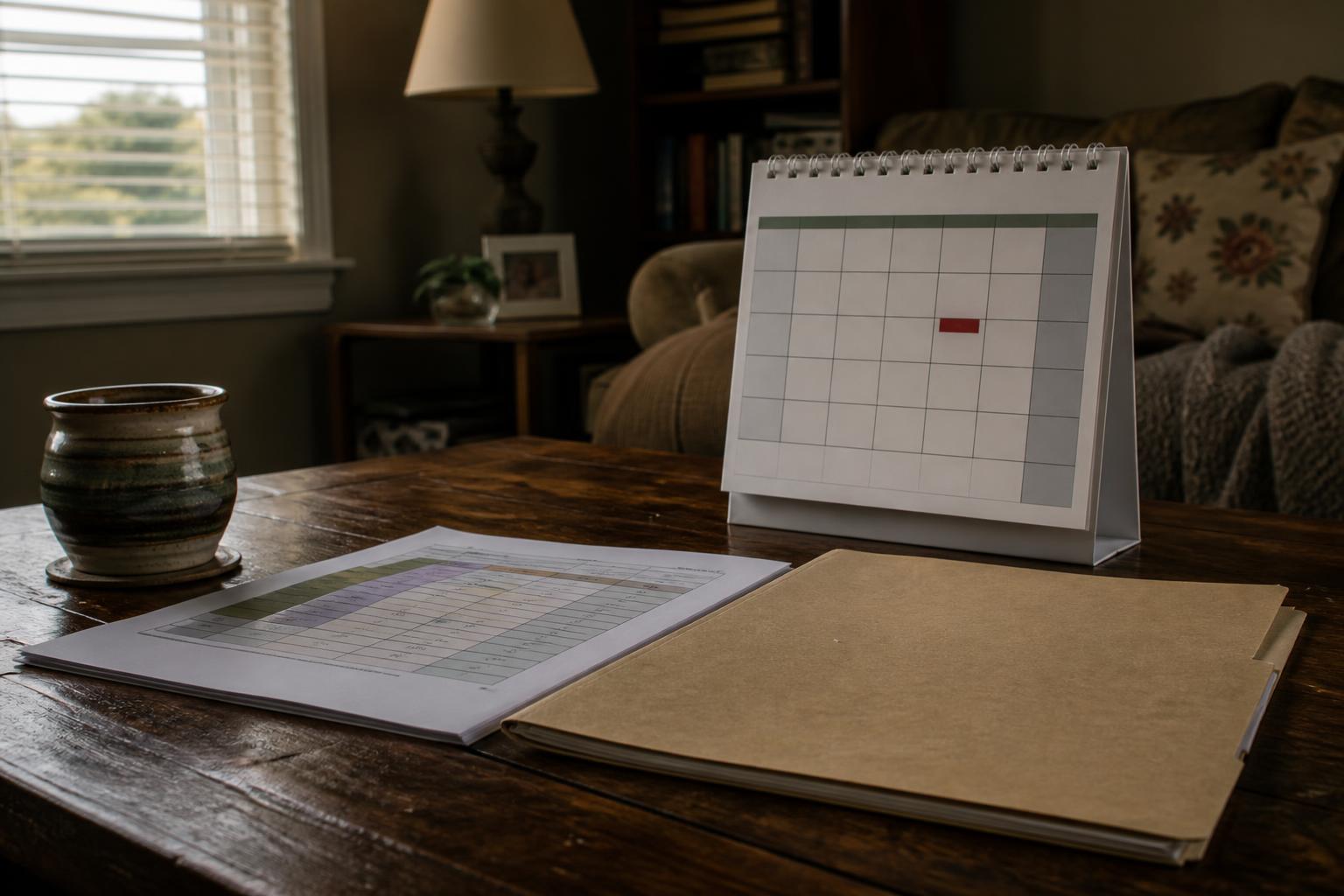 A calendar, folder, papers, and ceramic cup sit on a wooden living room table