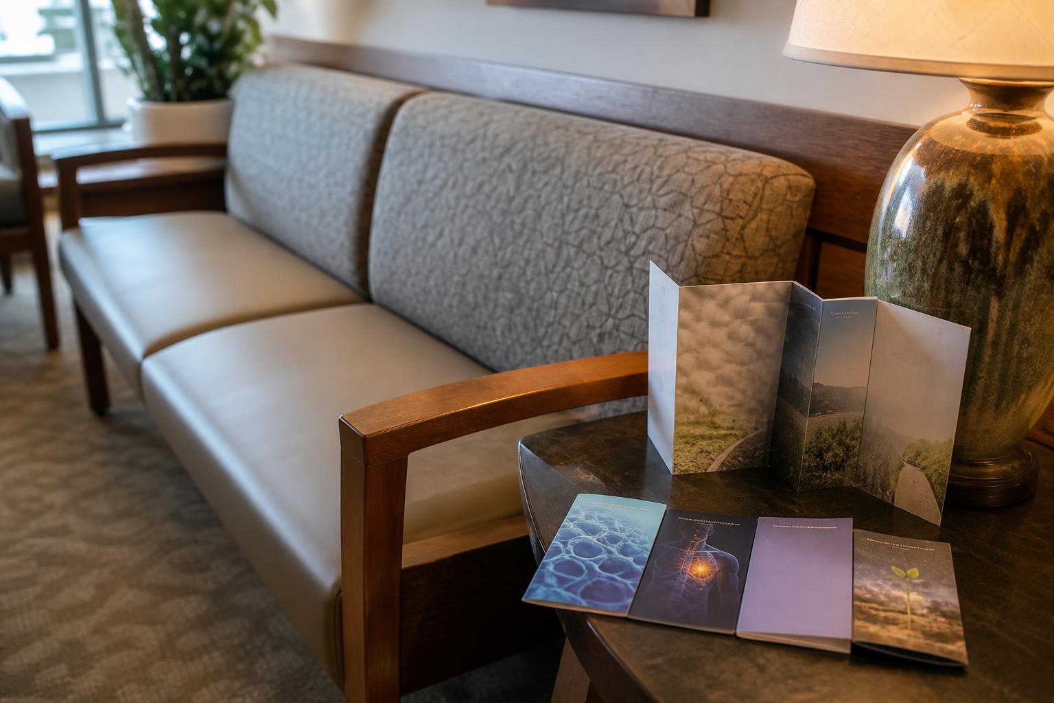 Brochures sit on a side table beside a lamp and waiting room couch