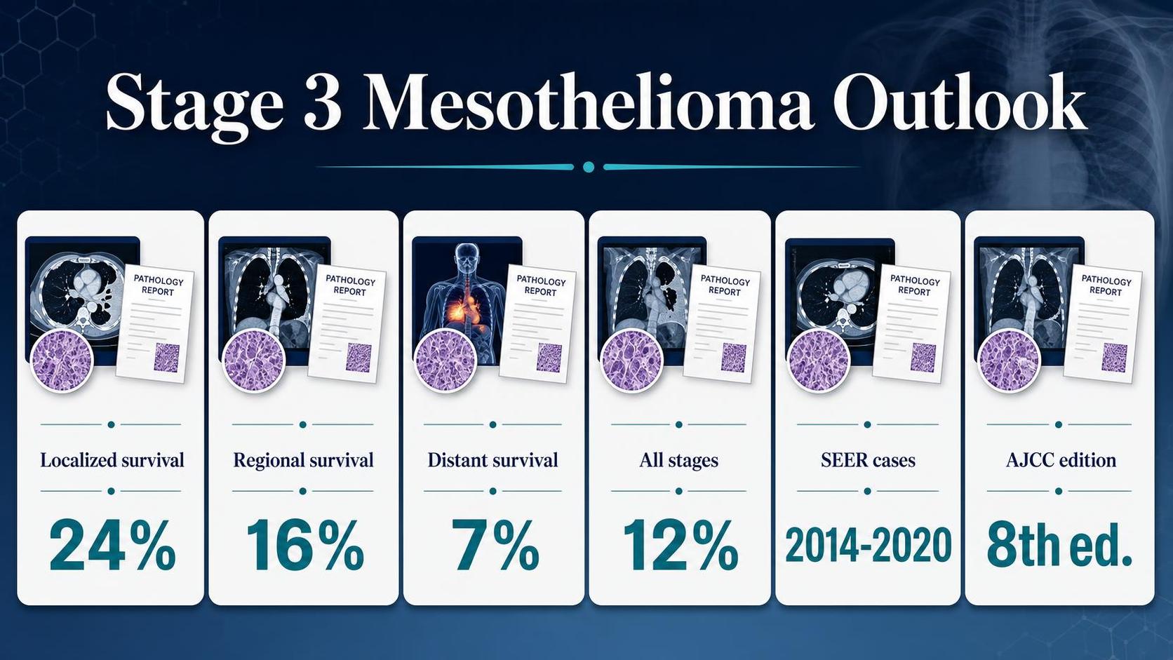 Graphic titled Stage 3 Mesothelioma Outlook shows six statistic cards with medical images