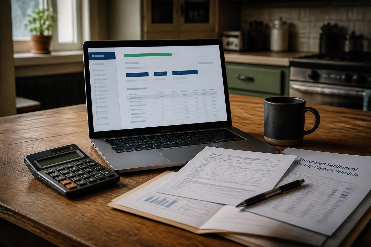 Laptop, calculator, mug, papers, and pen sit on a wooden kitchen table