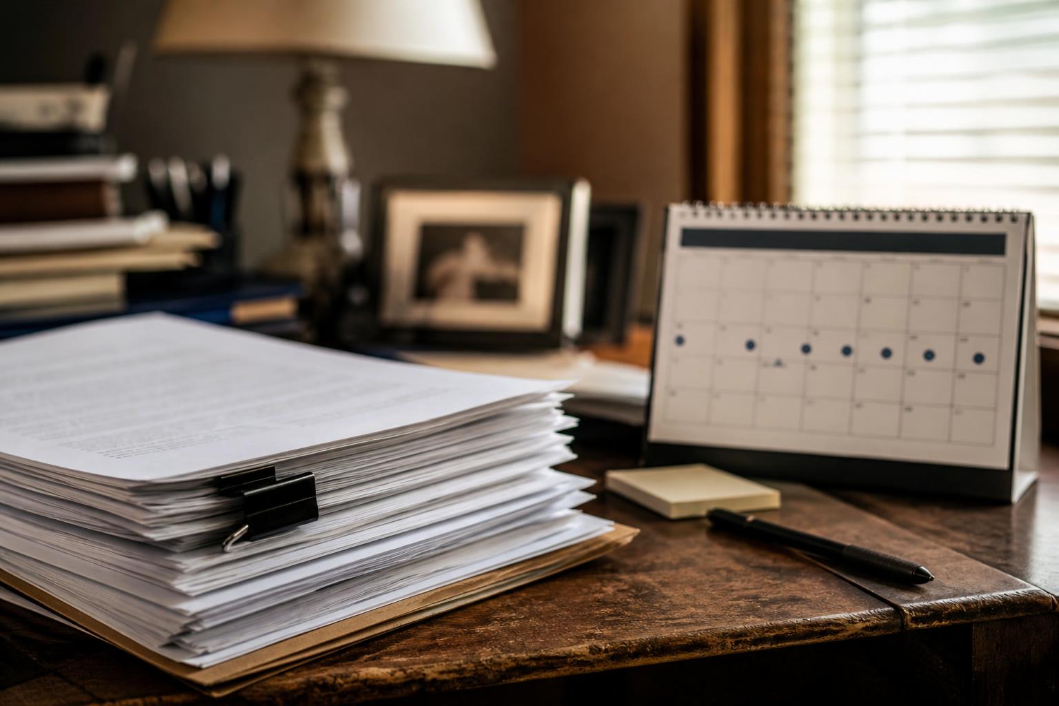 Stacked papers, desk calendar, sticky notes, and pen sit on a wooden desk