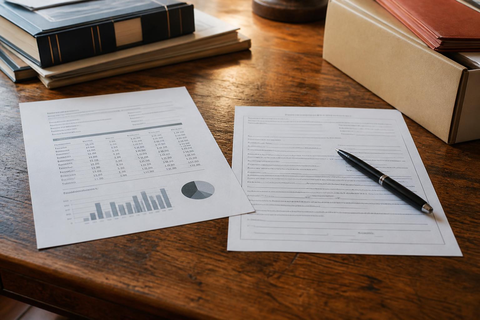 Printed charts, a form, pen, books, and file box are on a desk