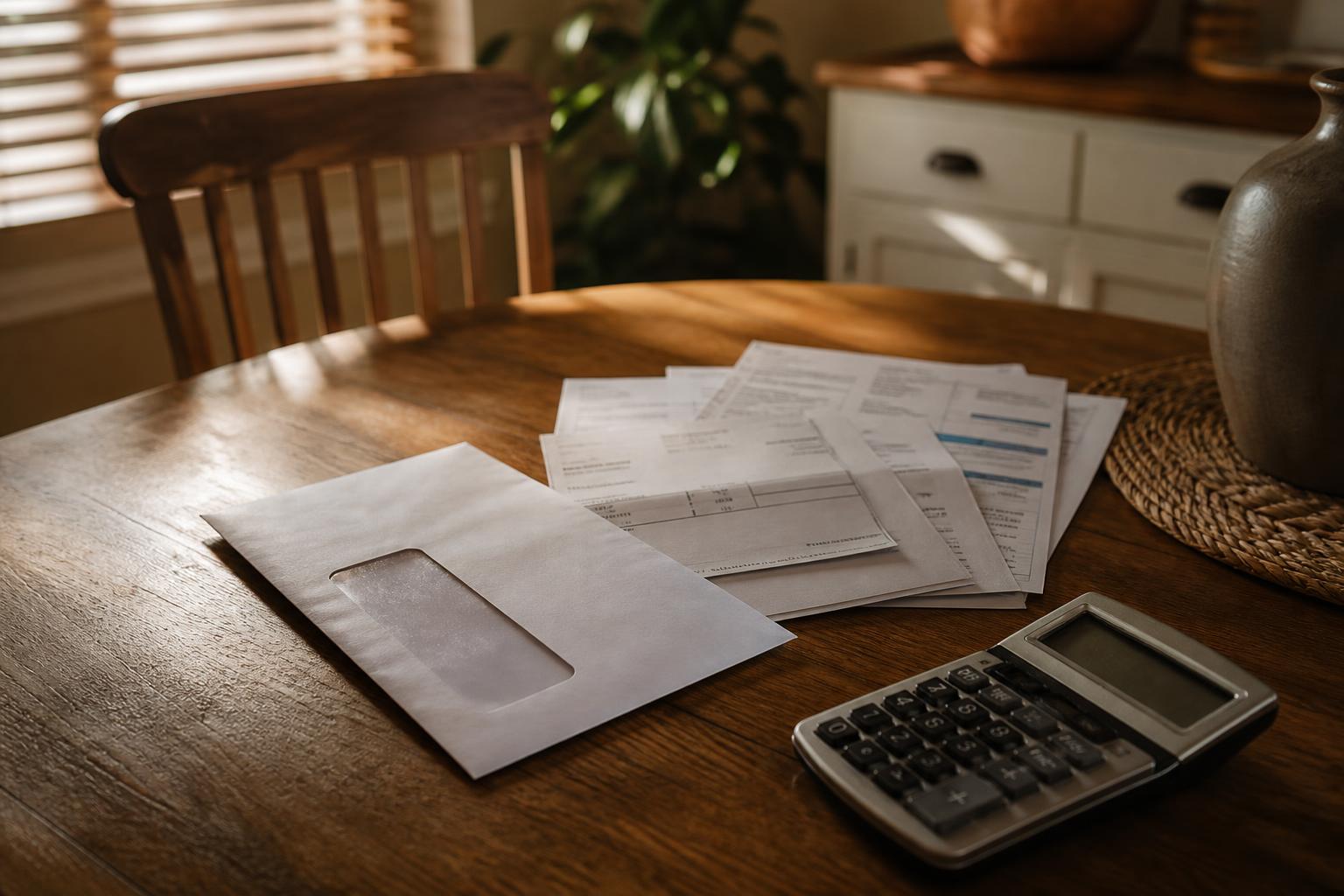 Envelopes, documents, calculator, chair, and vase sit on a wooden table