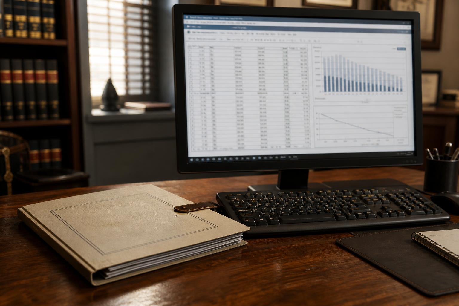 Desktop monitor, keyboard, folder, notebook, and books are arranged in an office