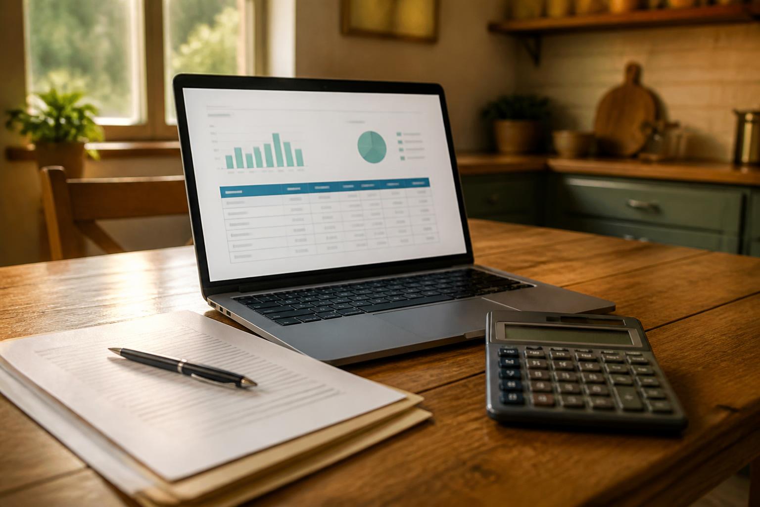 Laptop, calculator, pen, and papers sit on a wooden kitchen table
