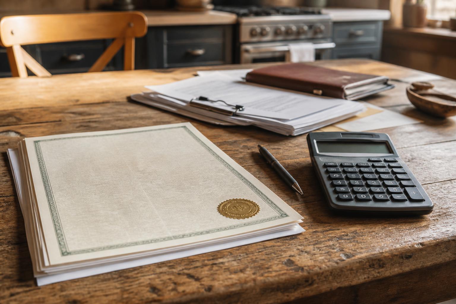 Certificate papers, a calculator, pen, clipboard, and binder sit on a wooden kitchen table