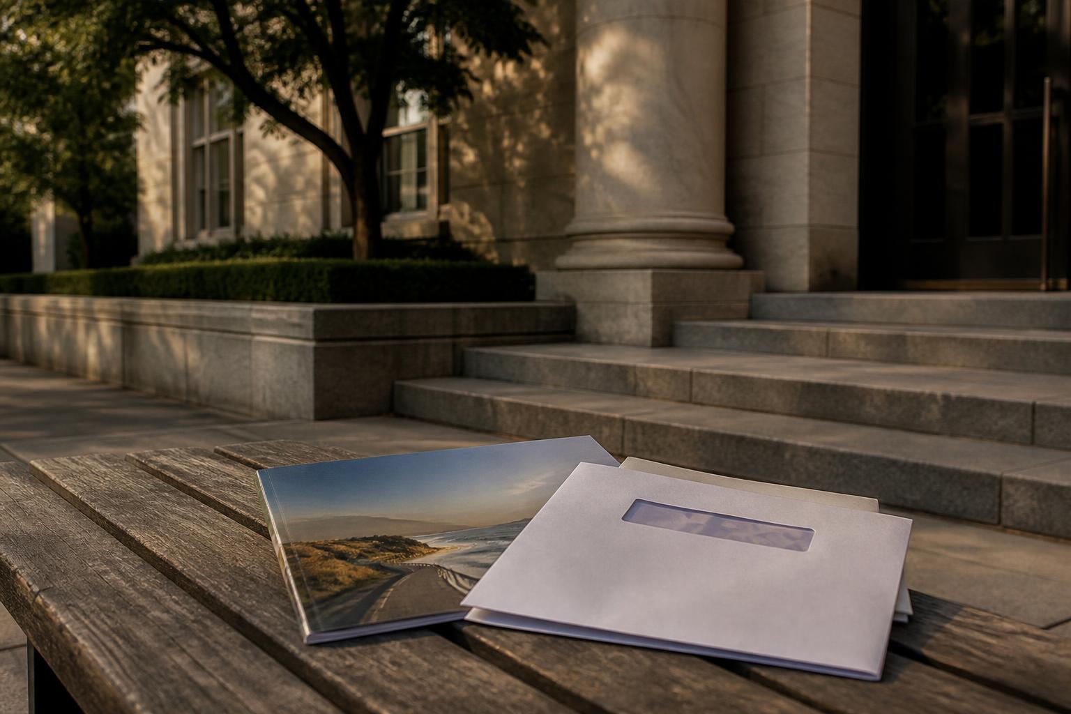 Folders and a booklet rest on a wooden bench outside a columned building